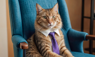A regal cat in a white shirt and purple tie sits on a blue armchair, exuding confidence and charm. Sunlight filters through a window, casting a warm glow.