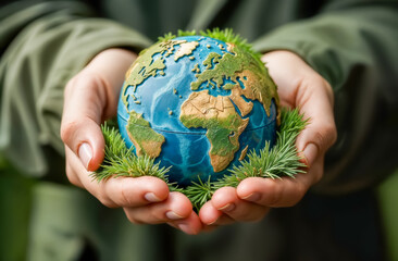 Environmentally conscious individual holds a globe surrounded by greenery in a natural setting during daylight