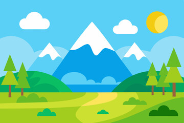 Obraz premium Cartoon Landscape with Mountains Trees Path Clouds and Sun Illustration