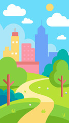 Obraz premium Colorful City Park Illustration with Buildings Trees and a Winding Path