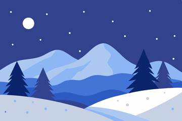 Naklejka premium Stylized Winter Landscape with Mountains Trees Moon and Stars in Blue Tones