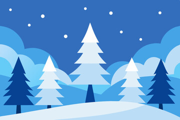 Minimalist Winter Landscape with Snow Covered Trees and Falling Snowflakes