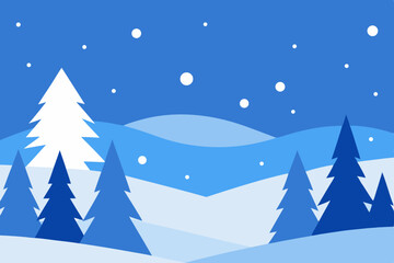 Stylized Winter Landscape with Snowfall and Evergreen Trees in Shades of Blue