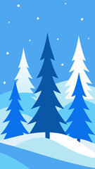 Winter Scene with Evergreen Trees and Snowfall in Shades of Blue