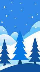Stylized Winter Landscape with Snowfall and Evergreen Trees in Shades of Blue