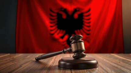 Albanian justice concept with gavel on wooden table