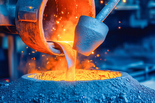 Foundry worker pouring molten metal into a sand mold, with sparks flying and intense heat visible