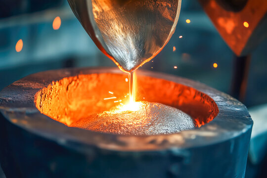 Foundry worker pouring molten metal into a sand mold, with sparks flying and intense heat visible