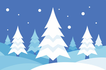 Stylized Winter Landscape with Snow Covered Trees and Falling Snowflakes