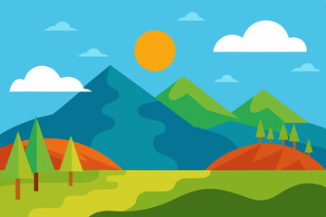 Obraz premium Flat Design Landscape with Mountains Trees Clouds and a Bright Sun