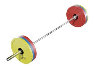 Cast Iron Olympic Adjustable Barbell with 50kg plates, weightlifting gym equipment, side view, isolated on white background. 3D illustration
