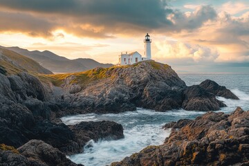 Dramatic seascape with lighthouse at sunset.  Rocky coastline, dramatic waves crashing against rocks, white lighthouse on hilltop, golden hour sky