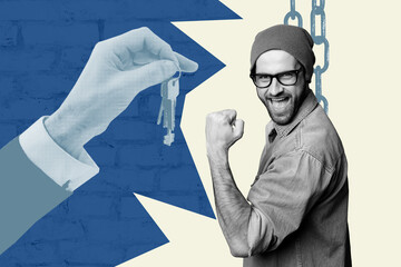 Pop image poster art collage of dissatisfied businessman sit chain trap hand show key freedom force workload imprisonment