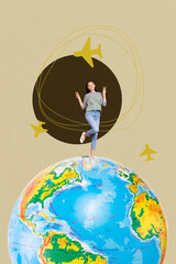 Vertical poster artwork collage of happy girl guy stand earth planet geolocation icon summer moving...