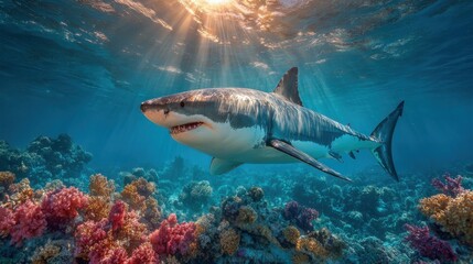 Naklejka premium A powerful shark swims gracefully through a colorful coral reef, surrounded by diverse marine life and illuminated by sunlight filtering from above.