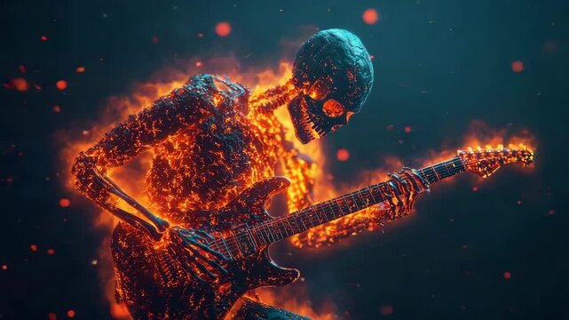 Halloween background. A fiery molten skeleton passionately plays an electric guitar, surrounded by glowing embers in a dark, dramatic scene.