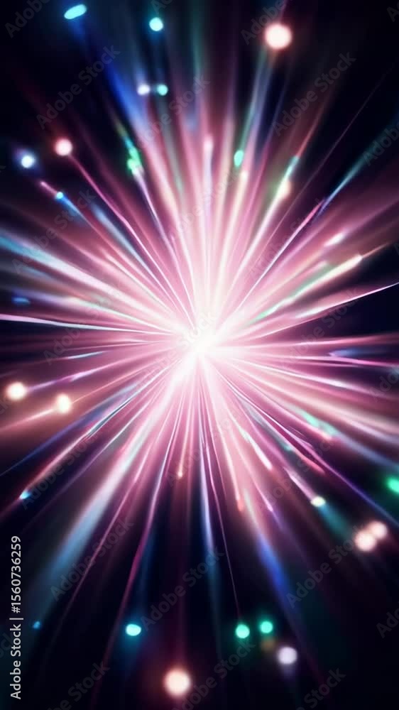 Poster bright star exploding with light streaks and particles on black background
