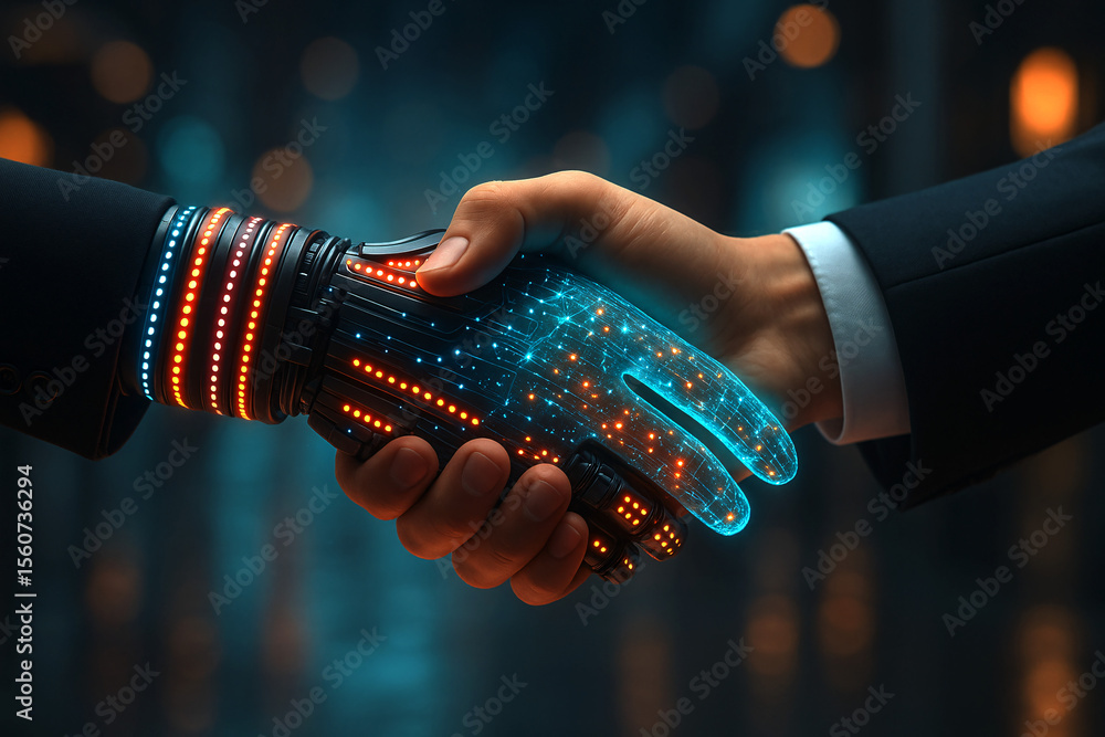 Aufkleber futuristic handshake between human and high-tech robotic arm with glowing circuits, symbolizing ai c