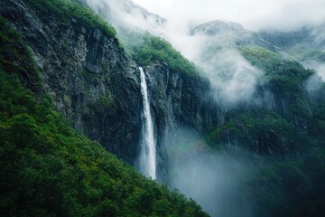 Misty waterfall cascading down steep, rocky mountain face. Lush green foliage clings to the slopes