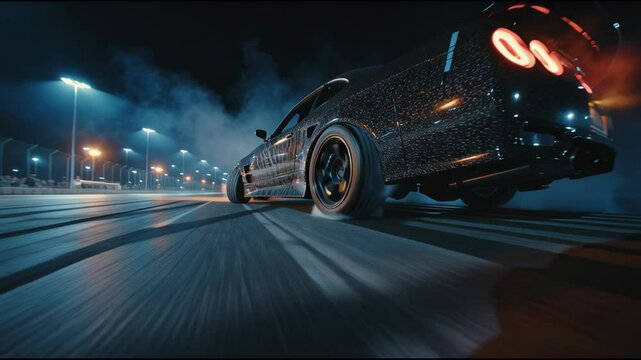 Experience the thrill of high-speed racing from a close-up perspective, showcasing tire smoke and rapid movement under the night lights at a race track