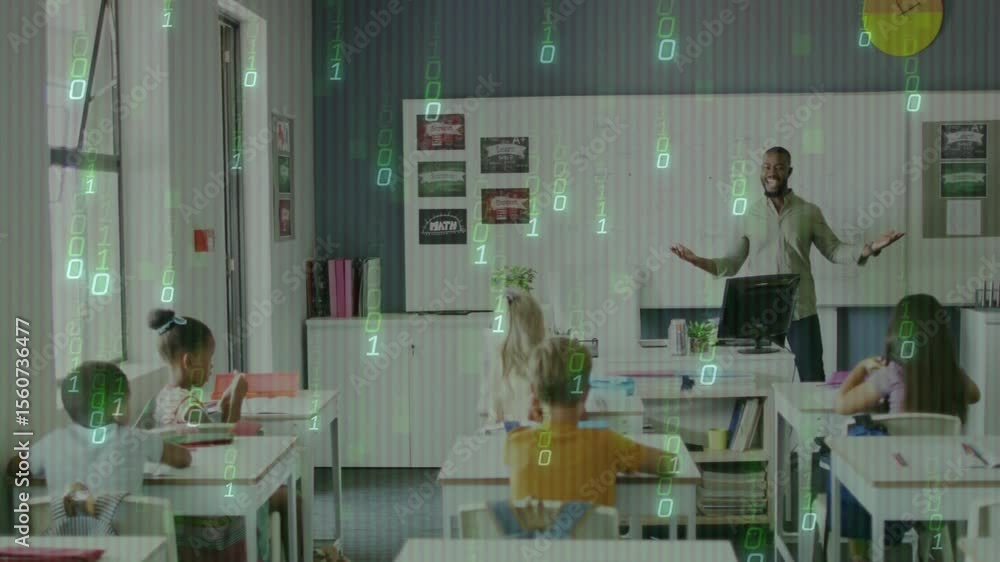 Aufkleber teacher gesturing arms before students while green binary code streaming and enhancing education
