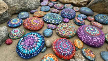 Colorful painted rocks, various designs, on sandy beach
