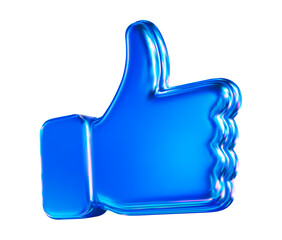 3D blue neon or holographic like icon thumbs up social sign. Stock vector illustration on isolated background