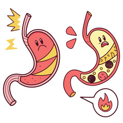 Human stomach. Healthy and unhealthy, Bloating stomach ache, digestive tract pain fullness heaviness stomaches acid heartburn process