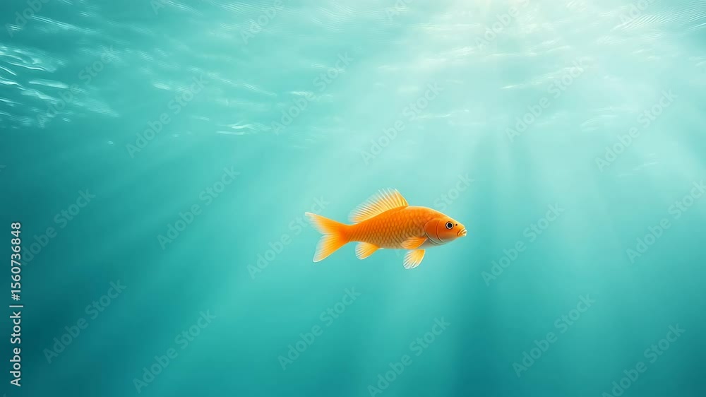 Poster orange goldfish swimming alone in tranquil turquoise underwater scene with soft light rays filtering