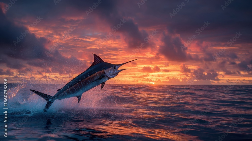 Poster a marlin leaps out of the ocean, creating splashes as the sun sets behind it. the sky is filled with