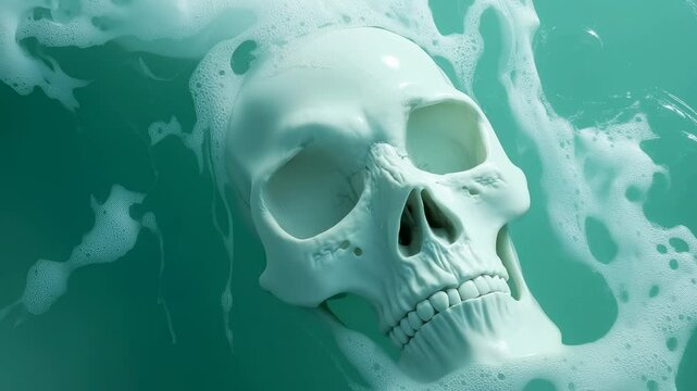 White human skull disintegrating in turquoise liquid environment with organic bubble-like textures and fluid motion