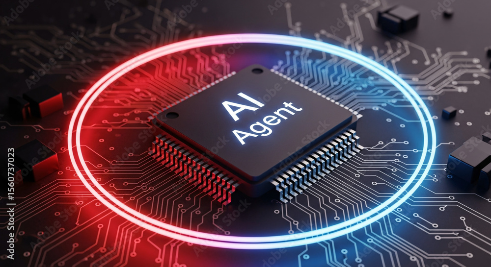 Poster ai agent processor with red and blue neon ring, concept of artificial intelligence hardware