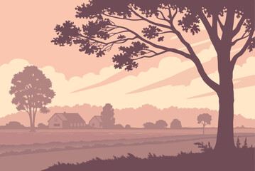  Rural Landscape Sunset Farm Scene Illustration - Countryside Horizon View