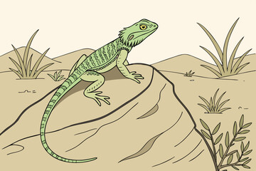 Green Lizard on Rock in Desert Landscape Illustration