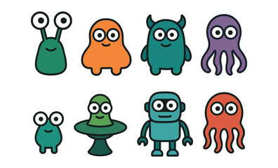 Obraz premium Cute cartoon monster set with colorful alien characters and expressions
