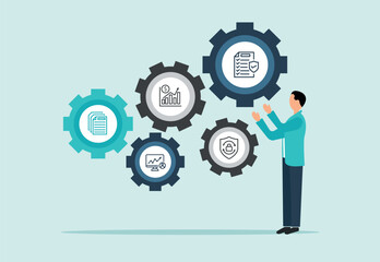 Illustrated person checking setting icons with business designs vector