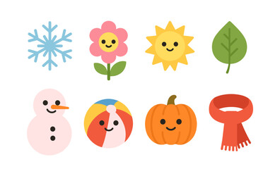 Cute seasonal icons: snowflake, flower, sun, leaf, snowman, ball, pumpkin, scarf