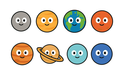 Cute cartoon planets collection with smiling faces for educational use