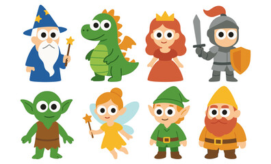 Cute cartoon fantasy characters set featuring wizard, dragon, fairy, knight, and more