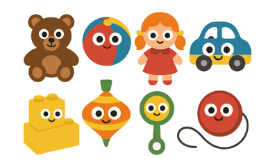 Obraz premium Cute retro toys collection with bear, doll, and colorful playthings