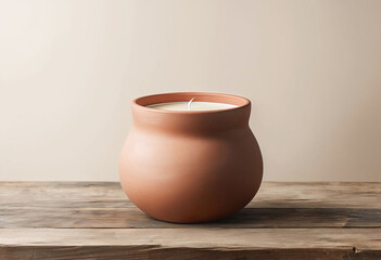 Hand-Poured Soy Candle In Matte Terracotta Vessel on wooden floor.