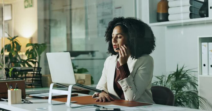 Headset, laptop and businesswoman in office for consultation, crm and contact us for support. Mic, computer and female secretary on call for appointment schedule with online client in workplace.