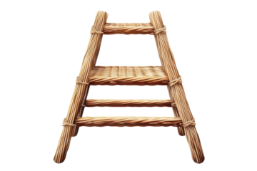 A rustic woven step ladder hand crafted with natural rope details evokes a sense of simple on transparent background