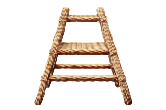 A rustic woven step ladder hand crafted with natural rope details evokes a sense of simple on transparent background