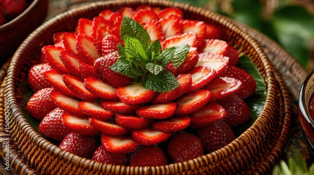 Poster fresh strawberries are elegantly sliced and arranged in a decorative pattern within a wicker basket,