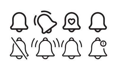Outline Notification Bell Icon Set. Minimal Alert, Mute, and Message Symbols Collection.  Victor illustration eps 10