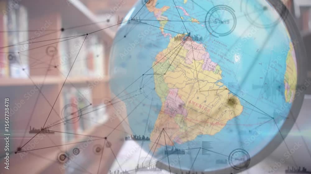 Poster with frames advancing globe rotating with lines, nodes, icons growing, visualizing digital map