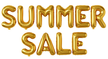 Golden foil balloon letters spelling summer sale. Shiny inflatable typography alphabet for seasonal advertising, retail marketing, promotion, party decor, festive announcement. Isolated on transparent