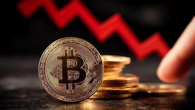 A Bitcoin coin sits in front of a stack of coins with a downward red arrow and a finger pointing at it.