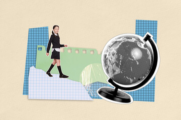 Trendy art creative full poster photo collage of happy small schoolgirl walk globe geography lesson...